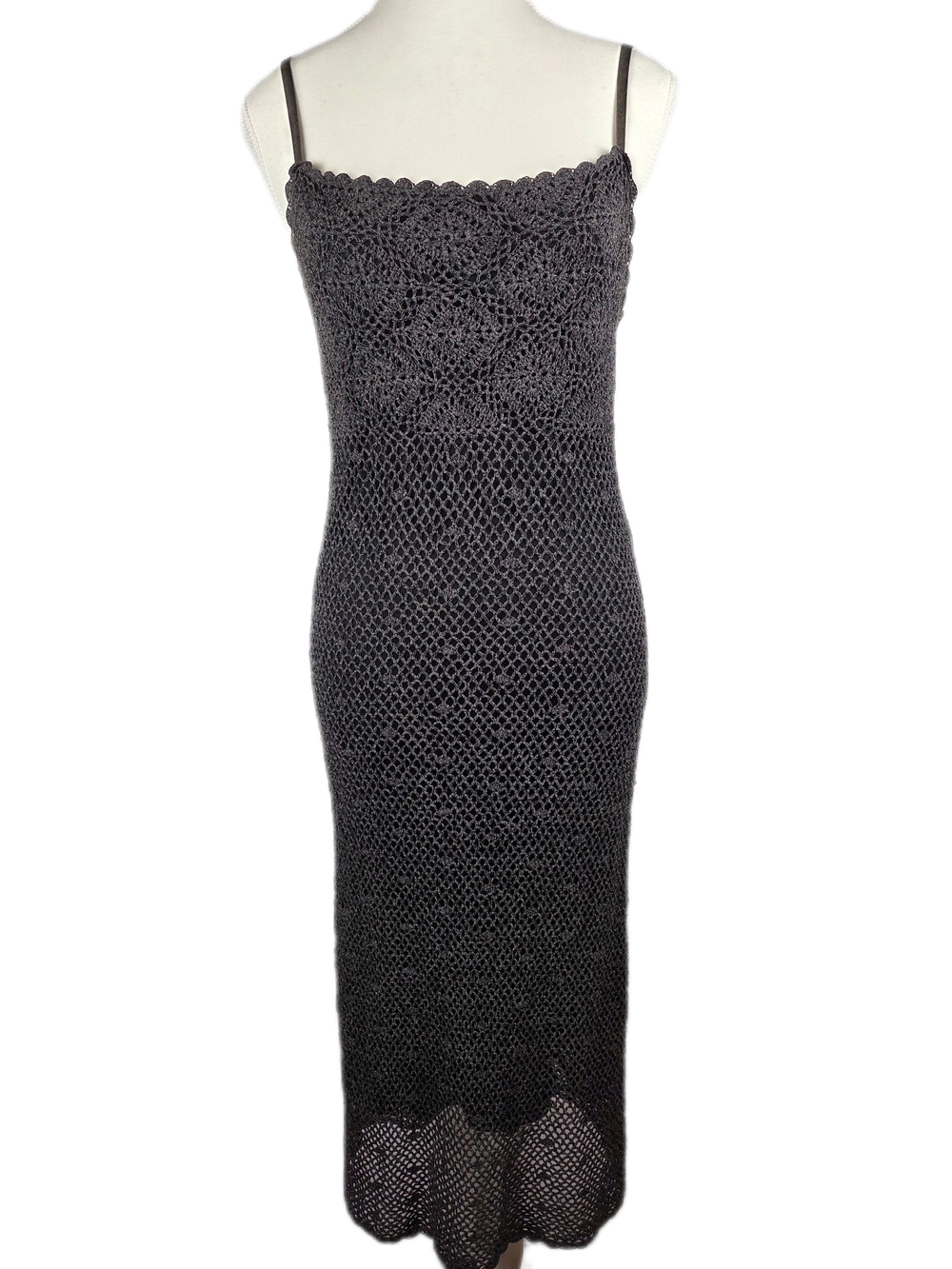 MANGO Night Charcoal Gray Crochet Knit Midi Dress – Scalloped Neckline